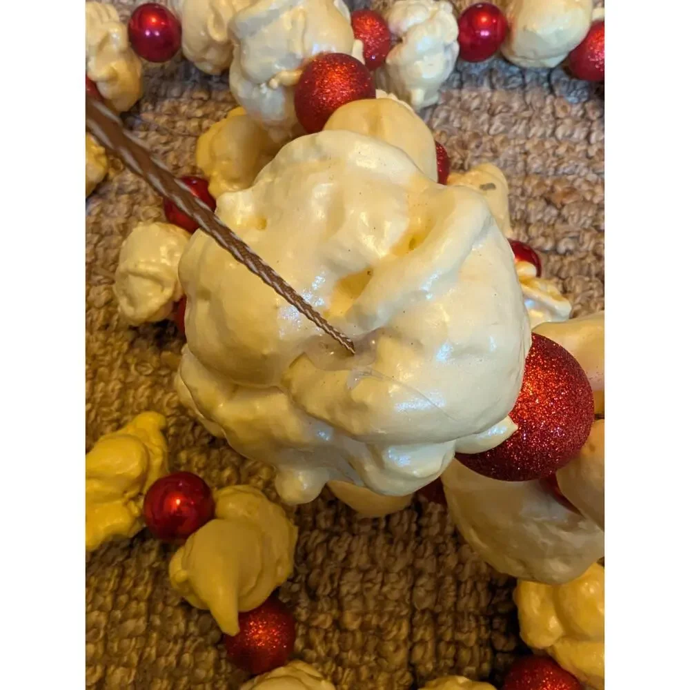 Giant Styrofoam Popcorn Buttered Plastic Christmas Tree Garland Red Bulbs 142